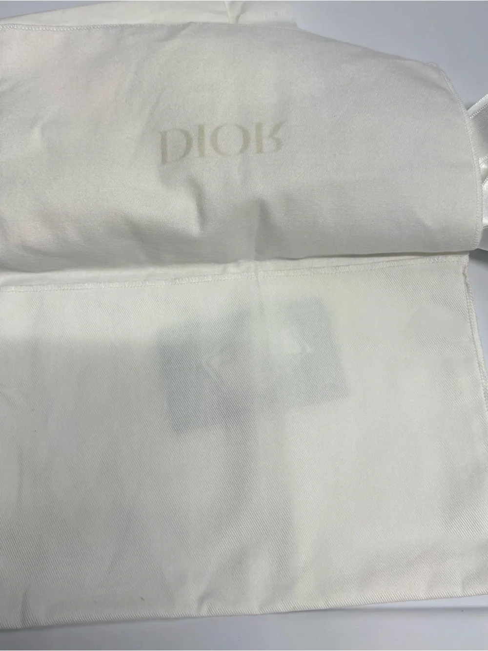 Dior White Satin Logo Dust Bag with Gold Print and Ribbon